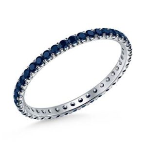Blue sapphire gemstone comfort fit eternity band set in platinum at B2C Jewels 