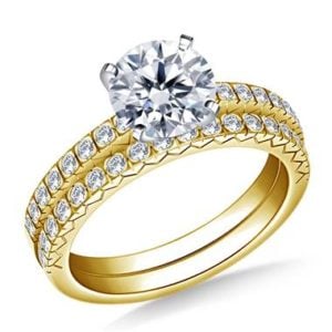 Petite prong set diamond ring with matching band set in 14K yellow gold at B2C Jewels 