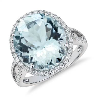 Aquamarine and diamond halo ring set in 18K white gold at Blue Nile