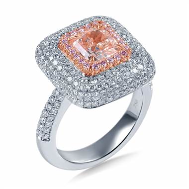 Fancy light pink diamond halo with micro pave set ring in 18K two tone gold at B2C Jewels