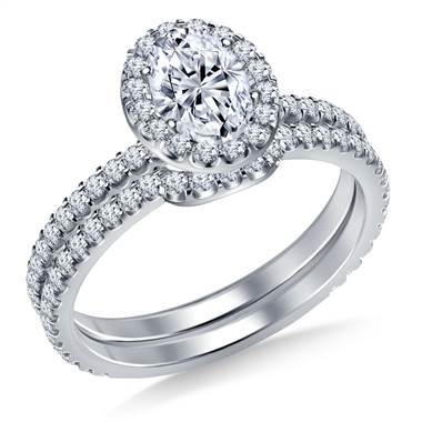 Oval halo engagement ring with matching band set in 14K white gold at B2C Jewels