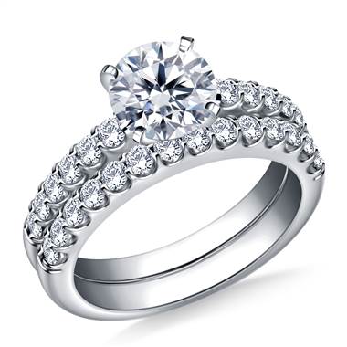 Prong set matching diamond engagement ring and wedding band set in 14K white gold at B2C Jewels