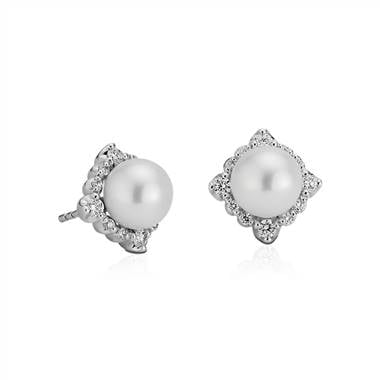 Vintage inspired freshwater cultured pearl diamond halo earrings set in 14K white gold at Blue Nile