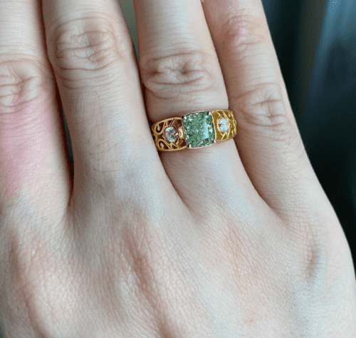 Square Cushion-Cut Light Green Peridot Diamond Halo Ring, 14K Yellow Gold