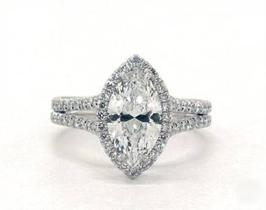 Double shank marquise halo engagement ring set in platinum 4mm width band at James Allen