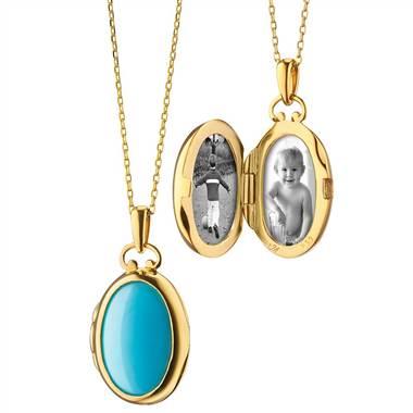 Monica Rich Kosann petite turquoise and mother of pearl locket set in 18k yellow gold at Blue Nile