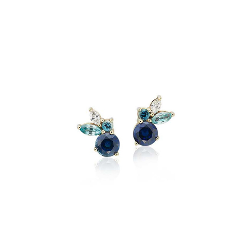 Multi-Gemstone (Sapphire, Aquamarine and Blue Zircon) and Diamond Cluster Earrings set in 14k Yellow Gold.