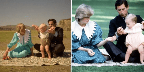 Left: The Crown, Right: Diana and Charles in Australia with baby William
