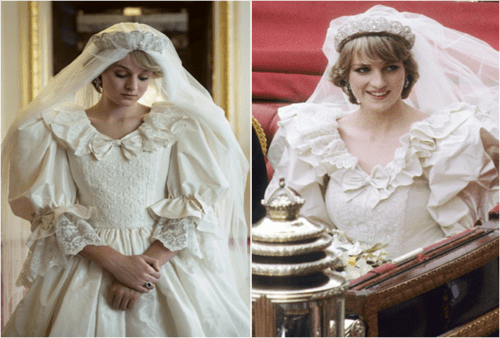 Left: The Crown (via Glamour), Right: Diana, Princess of Wales on her wedding day (via Honey Style)