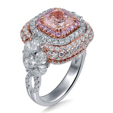 A Fancy Light Pink Diamond With Halo Diamonds and Side Fancy Cut Diamonds In 18K Two Tone Gold.