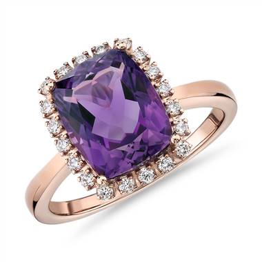 Cushion cut amethyst and diamond halo ring set in 14K rose gold at Blue Nile