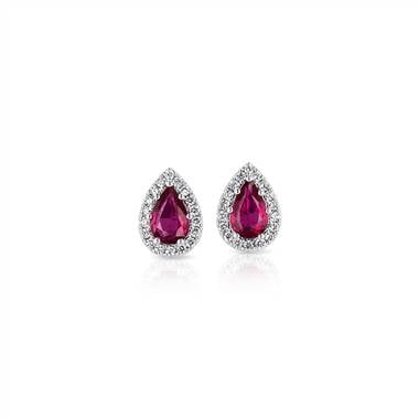 Pear-shaped ruby stud earrings with diamond halo set in 14K white gold at Blue Nile