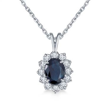 For inspiration: sapphire oval pendant necklace with starburst diamond halo set in 14K white gold at B2C Jewels