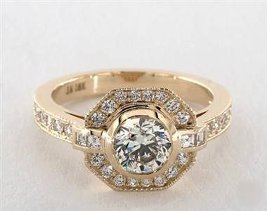 An Art Deco Octagonal-Halo Milgrain Pavé Engagement Ring set in 14K Yellow Gold.
