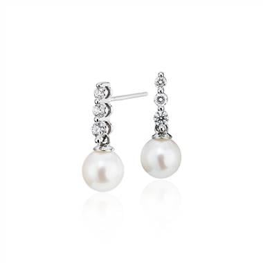 Freshwater Cultured Pearl Trio Diamond Drop Earrings in 14k White Gold.