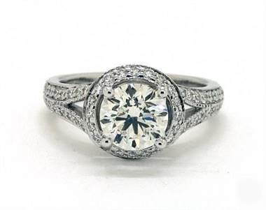 Recessed Halo Split Shank Pave Engagement Ring in 14K White Gold Band.