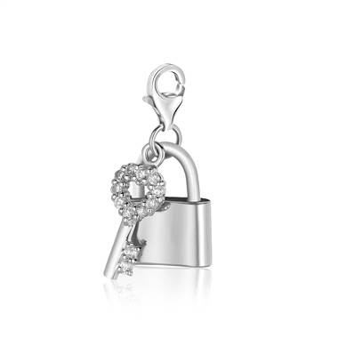 Padlock Style Lock and Key Charm with Crystal in Sterling Silver.