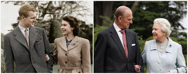 Queen Elizabeth ii and Prince Philip on their honeymoon and the image where they recreated the first picture