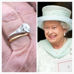 Queen Elizabeth II's finger with her wedding set next to a picture of her smiling.