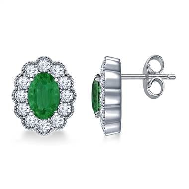 14K White Gold Oval Emerald and Diamond Stud Earrings with Scalloped Halo.