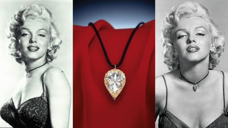 Two greyscale images of Marilyn Monroe wearing the Moon of Baroda on either side of a picture of the necklace on a red draped fabric background.