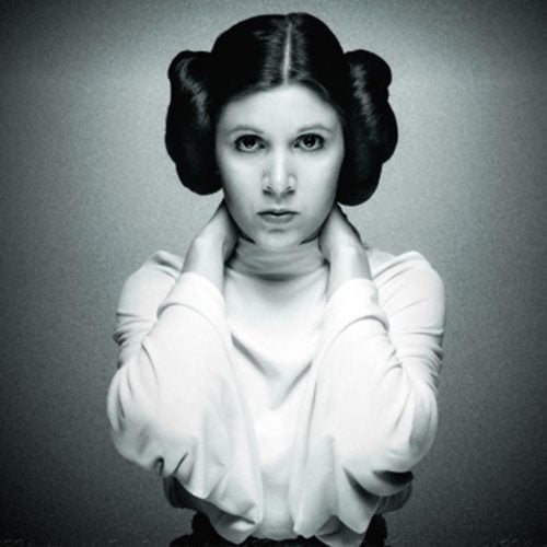Black and white of Princess Leia with her hands behind her head