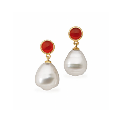 14K Yellow Gold South Sea Cultured Circle Pearl and Genuine Carnelians Earrings.