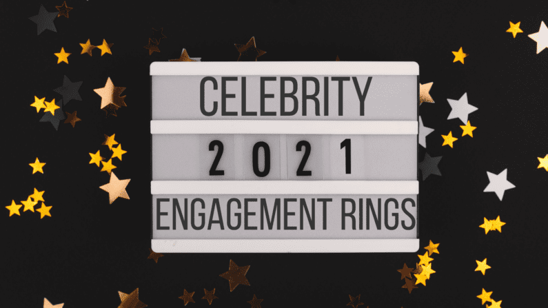 Black background with golden ticker tape pieces. A lighted sign in the center says "Celebrity 2021 engagement rings"