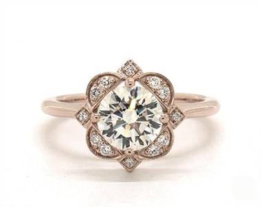 Art Deco Floral Halo Engagement Ring in 14K Rose Gold.