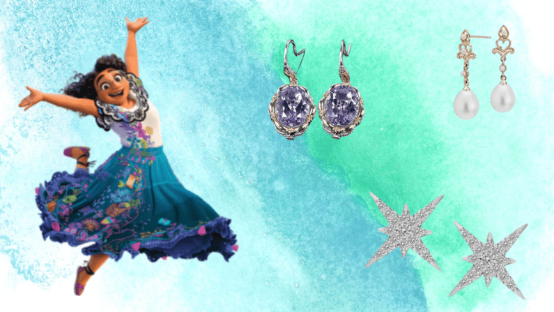 A Latina woman jumping for joy on a green blue watercolor backdrop with 3 different pairs of earrings in the open space.