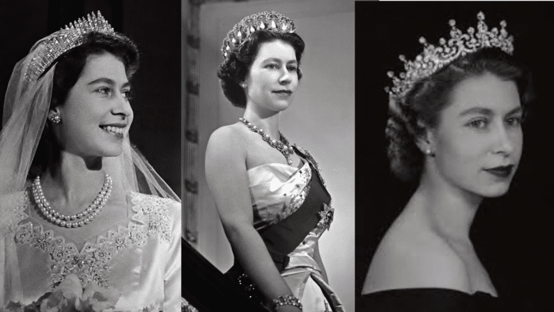 3 black and white images of Queen Elizabeth II in her youth wearing different tiaras.