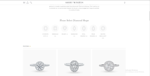 Harry Winston webpage showing three diamonds and a diamond shape selector