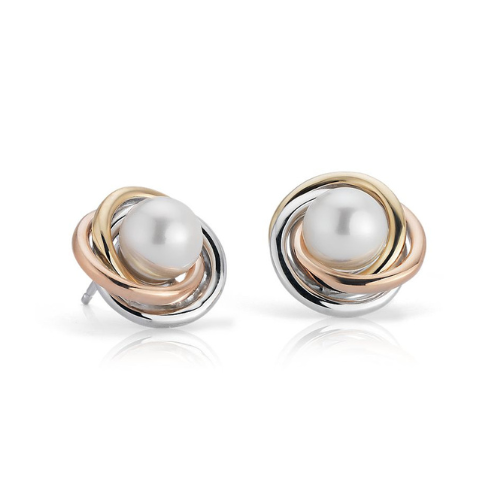 Tri-Color Love Knot Earrings with Freshwater Cultured Pearls in 14k White, Yellow and Rose Gold.