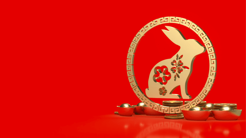 Golden rabbit on a red background