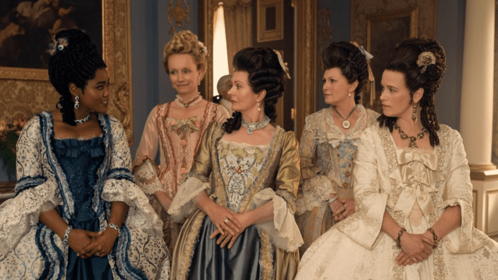 The sumptuously clothed and adorned women of Queen Charlotte’s royal court. LIAM DANIEL/NETFLIX