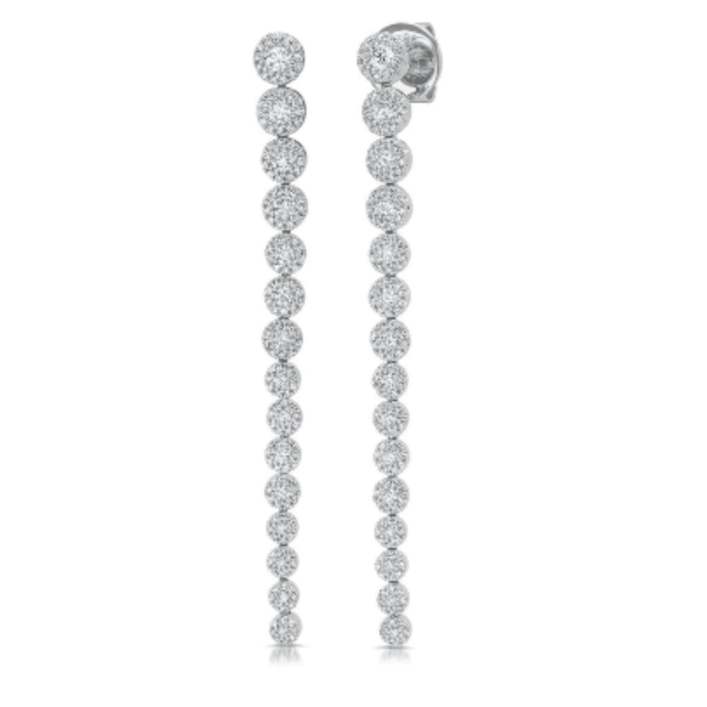 14KT White Gold Long Drop Earrings with 1.64ctw Prong Set Round Diamonds at Continental Diamonds