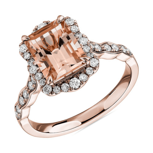 Emerald Cut Morganite Ring With Diamond Halo In 14k Rose Gold at Blue Nile