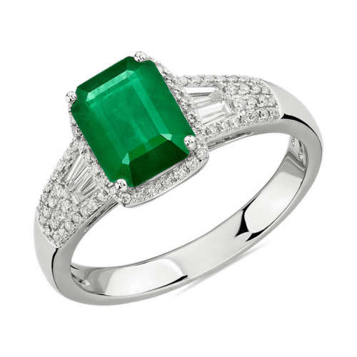 Emerald Ring With Diamond Baguette Accents In 14K White Gold at Blue Nile