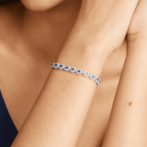 14K White Gold Oval Blue Sapphire And Diamond Halo Bracelet