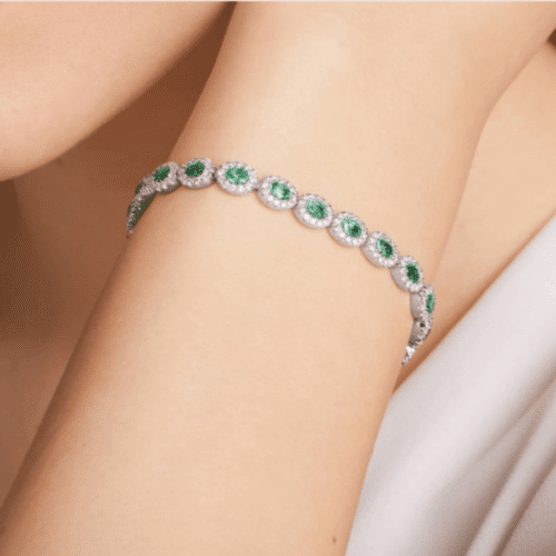 14K White Gold Oval Emerald And Diamond Halo Bracelet