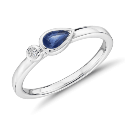 Bezel-Set Pear-Shaped Sapphire And Diamond Stacking Ring In 14k White Gold