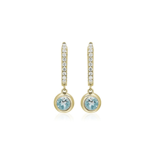 Diamond Huggies With Bezel Set Aquamarine Drop Earrings In 14k Yellow Gold