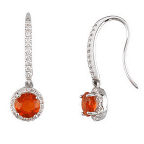 MEXICAN FIRE OPAL DIAMOND HALO DANGLE EARRINGS