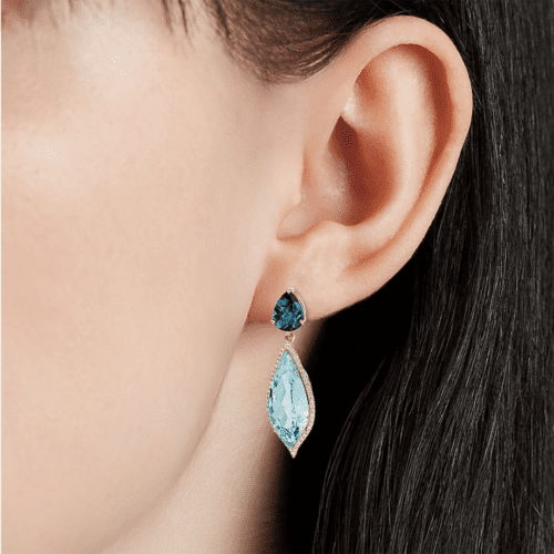 Sky Blue And London Blue Topaz With Diamond Drop Earrings In 14K Yellow Gold