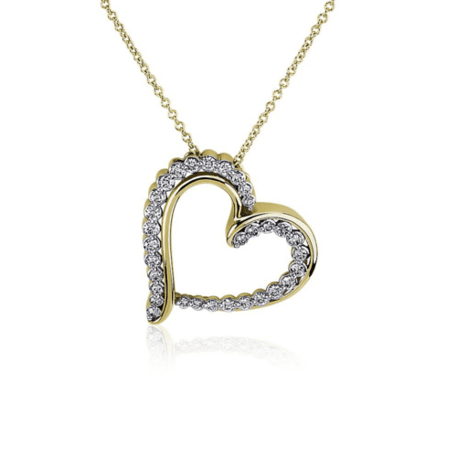 Tilted Double Row Diamond Heart Necklace In 14K Yellow Gold