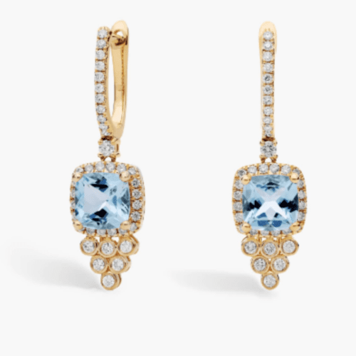 Cushion Cut Aquamarine and Diamond Drop Earrings in 14K Yellow Gold