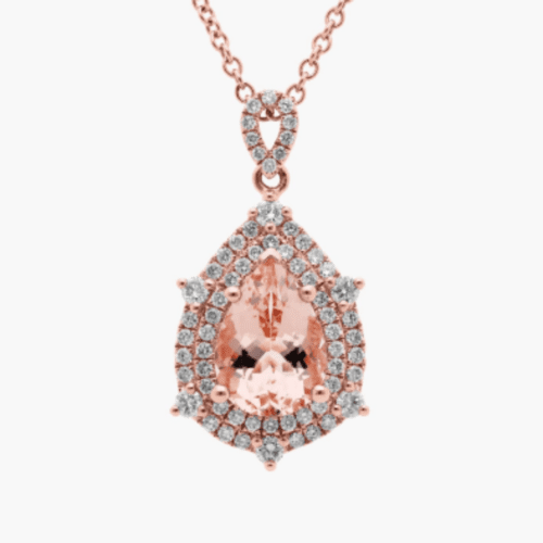 Pear Shaped Morganite and Diamond Double Halo Pendant in 14K Rose Gold