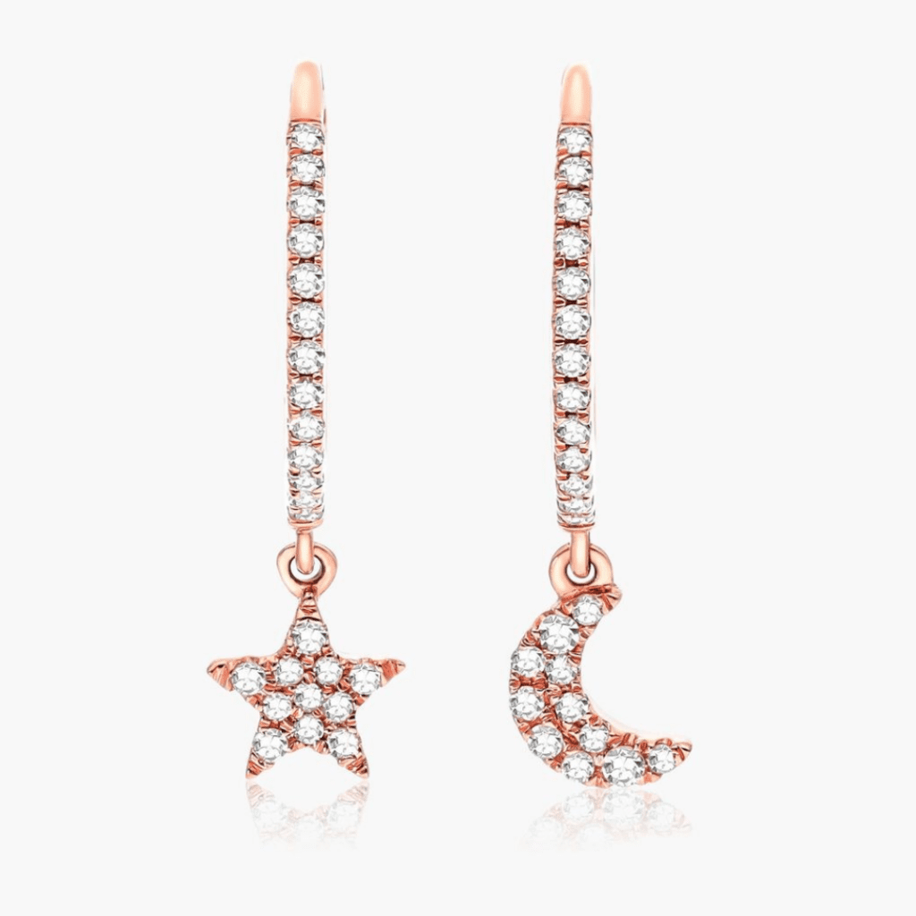 14K Rose Gold Dangling Diamond Star and Moon Huggie Hoop Earrings at James Allen