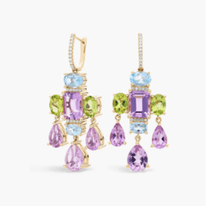 Pink Amethyst, Peridot and Sky Blue Topaz Chandelier Earrings in 14k Yellow Gold