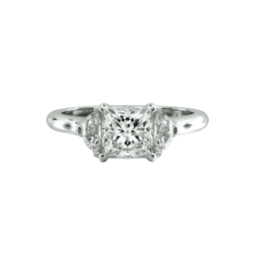 14K White Gold Half Moon Three Stone Diamond Engagement Ring